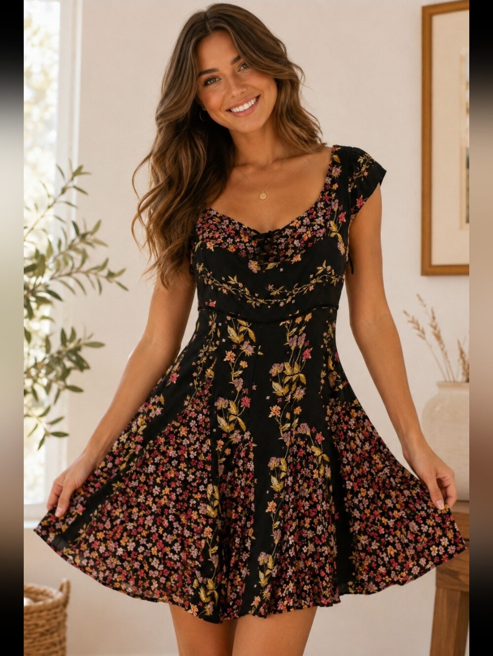 Free People Black Floral Fit & Flare Mini Dress | XS | Boho Cottagecore Fairycor - Picture 1 of 16